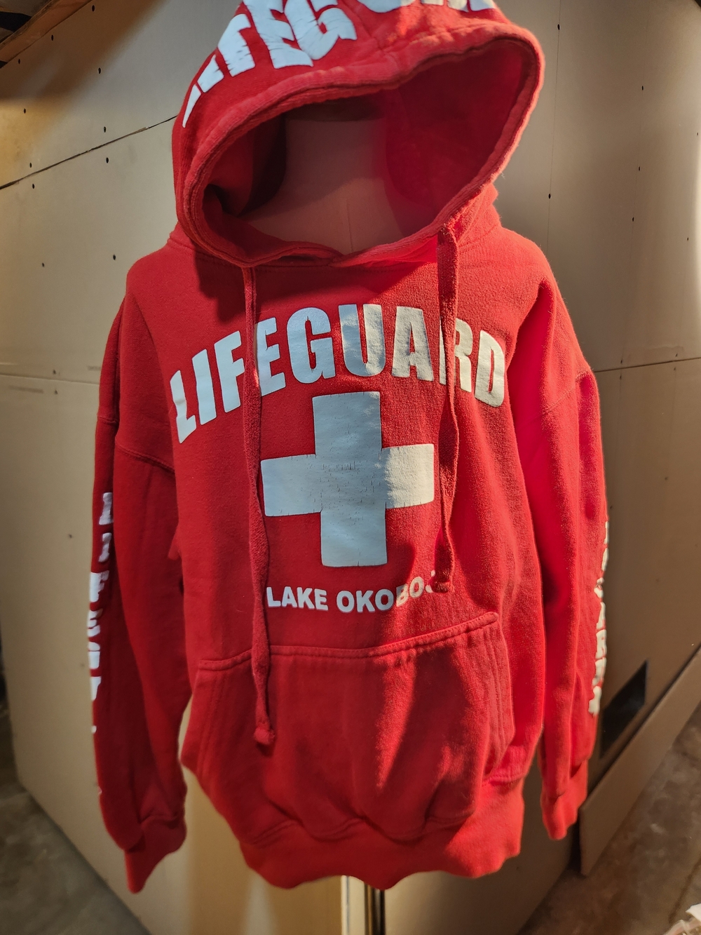 Red Lifeguard Hooded Sweatshirt with White Cross Graphic